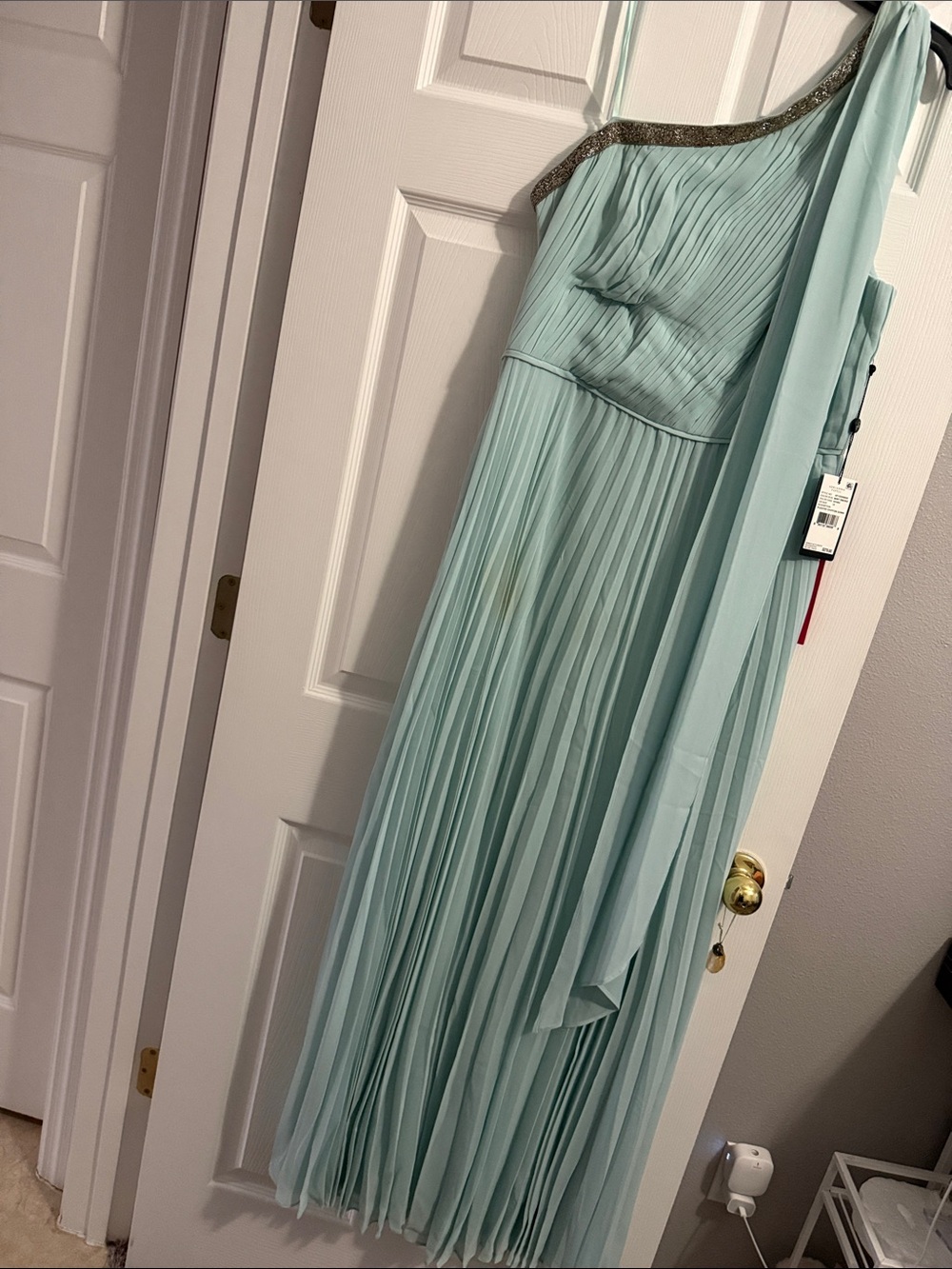 Adrianna Papell One-Shoulder Pleated Mint Dress with Beaded Trim